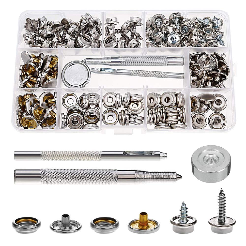 Gasea 150pcs Marine Grade Snap Fastener Kit, Heavy Duty Metal Screw Snaps Button with 3pcs Setting Tool, Stainless Steel Canvas Snaps for Boat Cover, Furniture, Tent, Awning (10mm & 15mm)