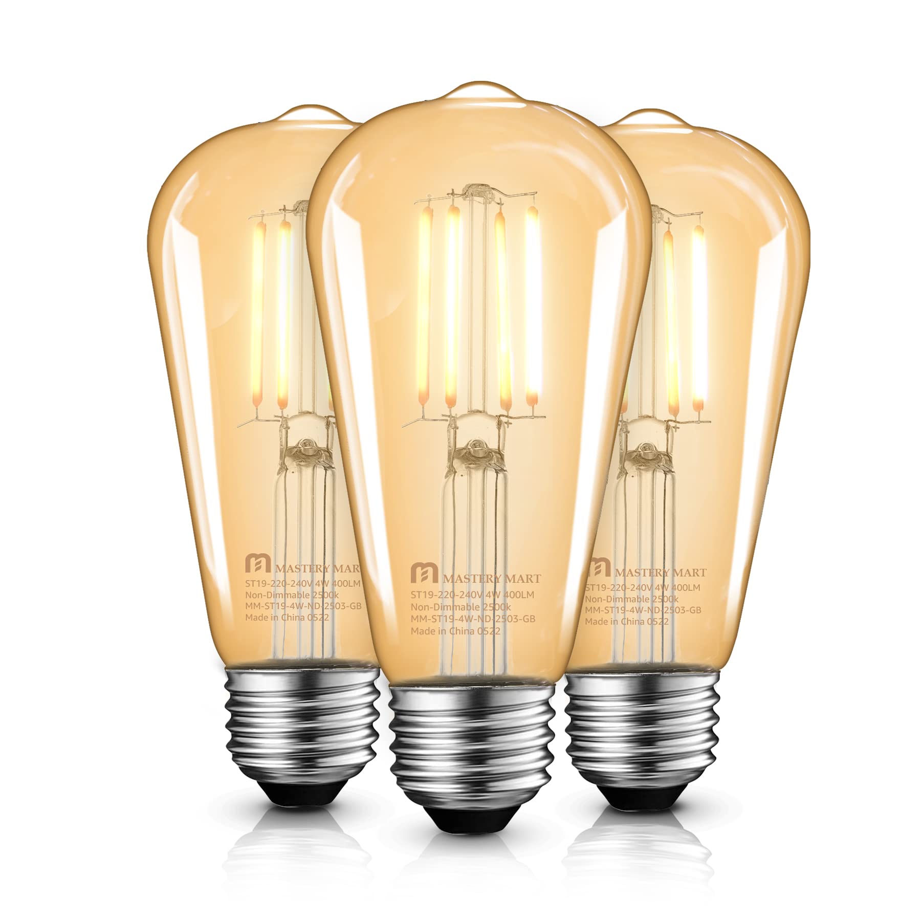 MASTERY MART E27 Vintage Light Bulbs, Non-Dimmable, 2500K Warm White, 4W 40W Equivalent, Retro Amber Glass ST64 Filament LED Bulb with Edison Screw Cap, 15000 Hours, 400 LM, Pack of 3