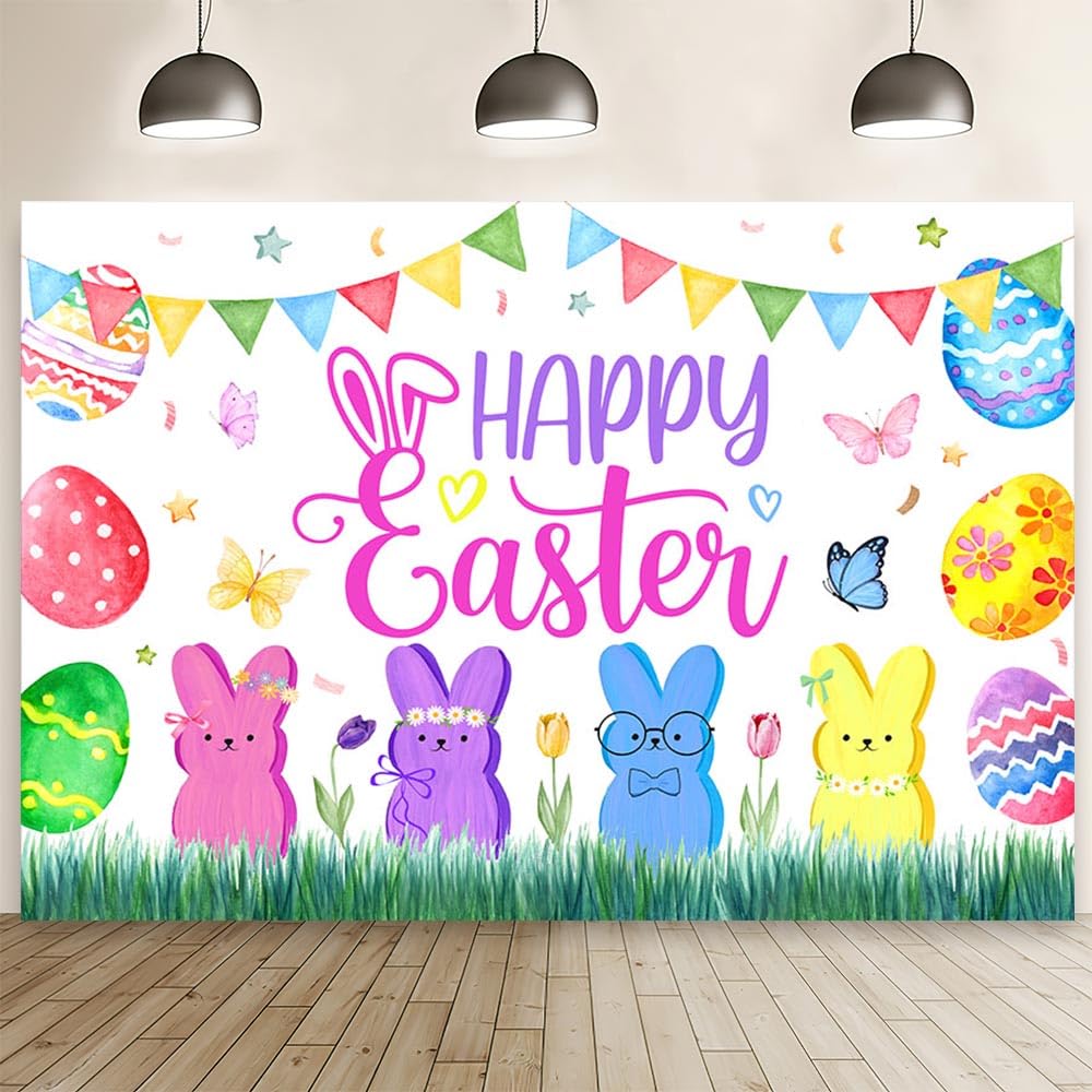 Photo 1 of MEHOFOND 7x5ft Happy Easter Backdrop, Easter Bunny Photography Background with Colorful Eggs Butterfy Floral Grass, Spring Easter Party Decorations Banner for Birthday Baby Shower Photo Props