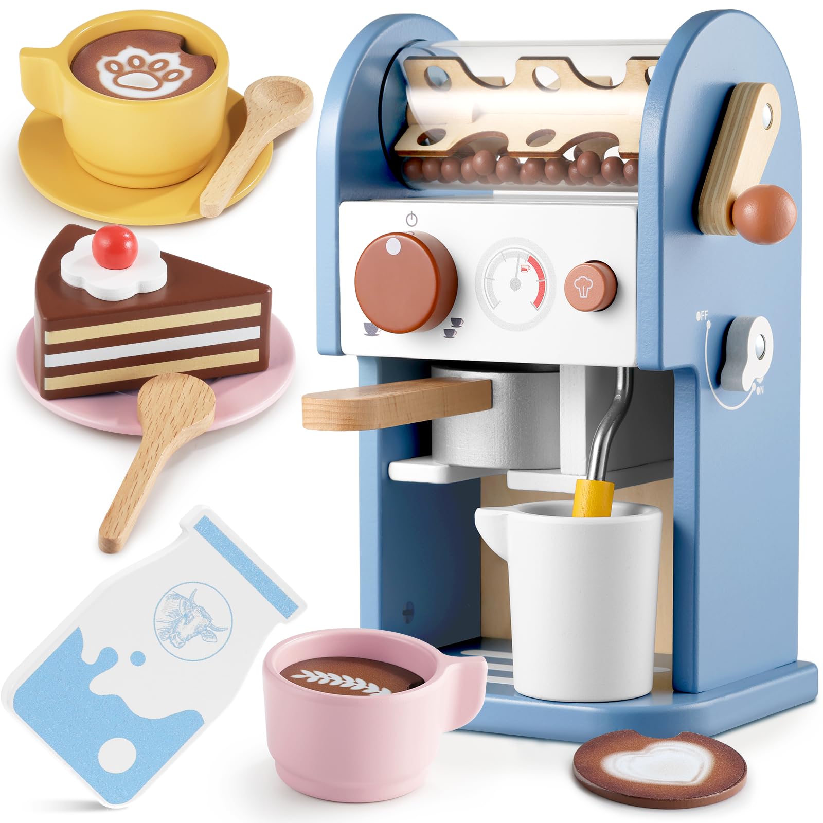GAGAKU Wooden Coffee Machine Toy with Grinder，15 pcs Wood Play Kitchen Accessories for Kids Non-Toxic Pretend Play Barista Set Learning Gift for Toddlers Girls Boys Ages 3+ — image 1