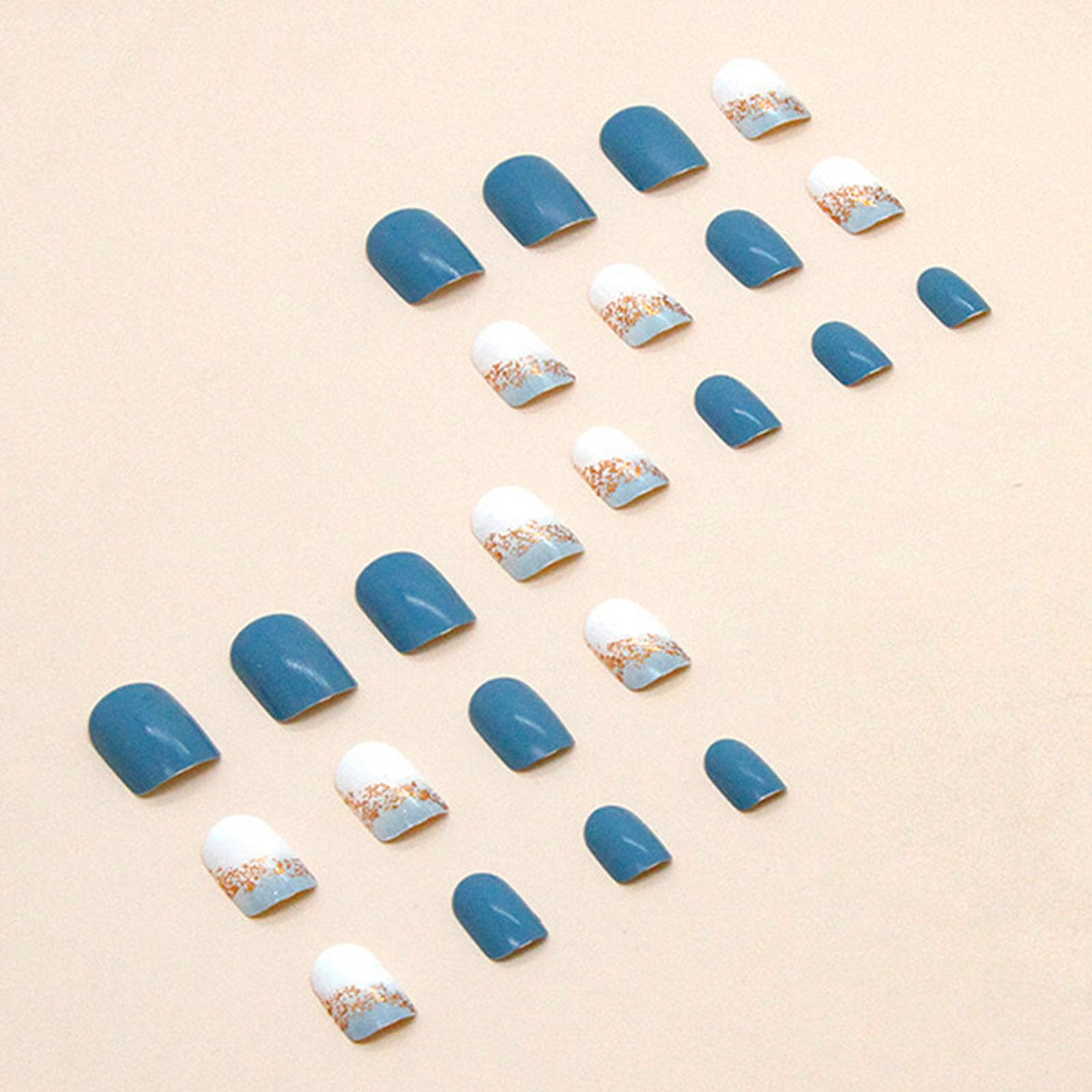 Square Press on Nails Short Sea Blue Fake Nails Glossy Acrylic Nails Press ons Full Cover False Nails with Golden Glitter Designs Glue Stick on Nails for Women Girls 24 Pcs - Image 5