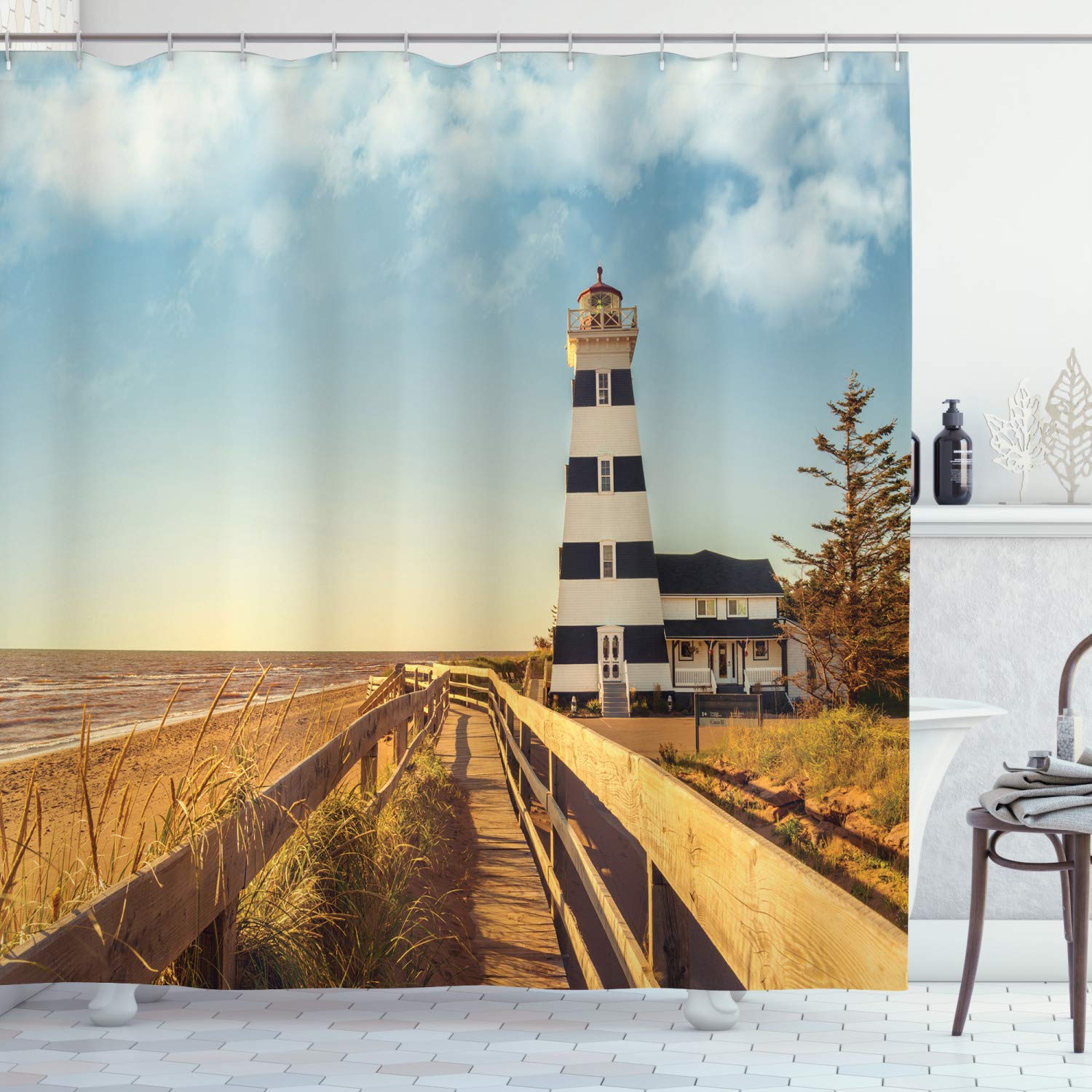 ABAKUHAUS Lighthouse Shower Curtain, Sandy Coastal Beach with Lighthouse Sea Waves Wind Wooden Fence Pine Tree Clouds, Cloth Fabric Bathroom Decor Set with Hooks, 94 Inches, Multicolor โ image 1