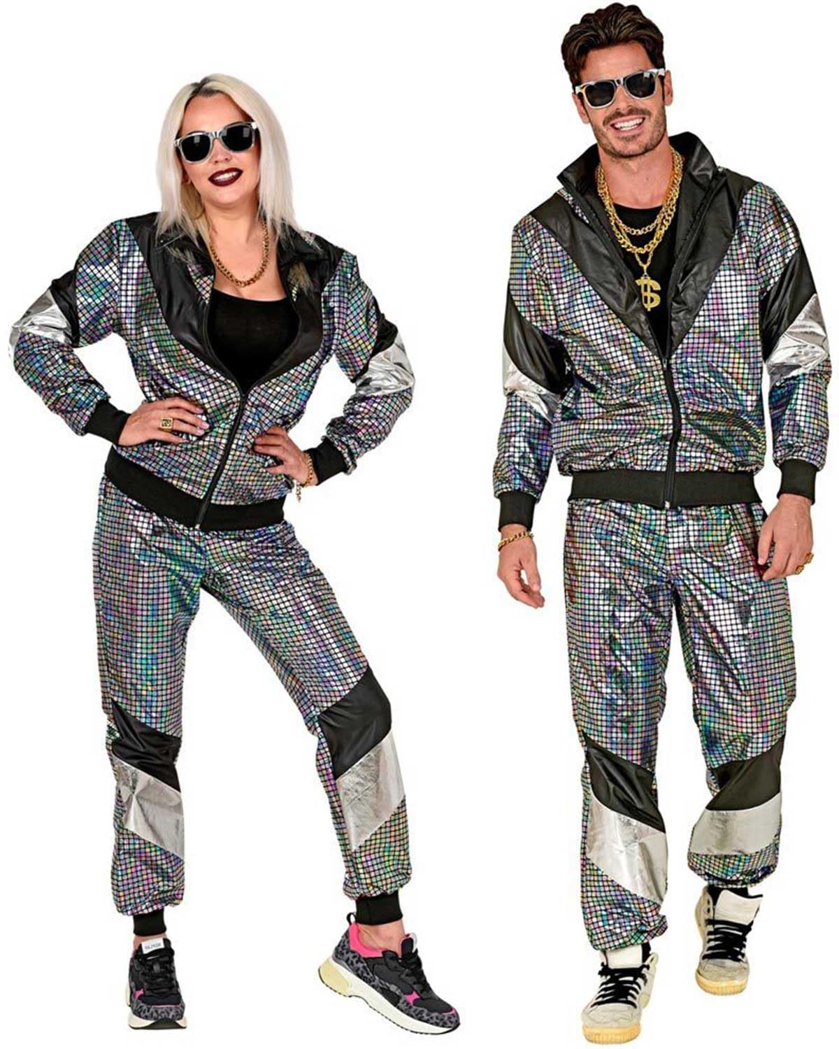 W WIDMANN MILANO Party Fashion - 80s Disco Style Jumpsuit Adult Unisex, 90s, Rap, Hip-Hop, Trap, Carnival, Theme Parties, Size M, Silver