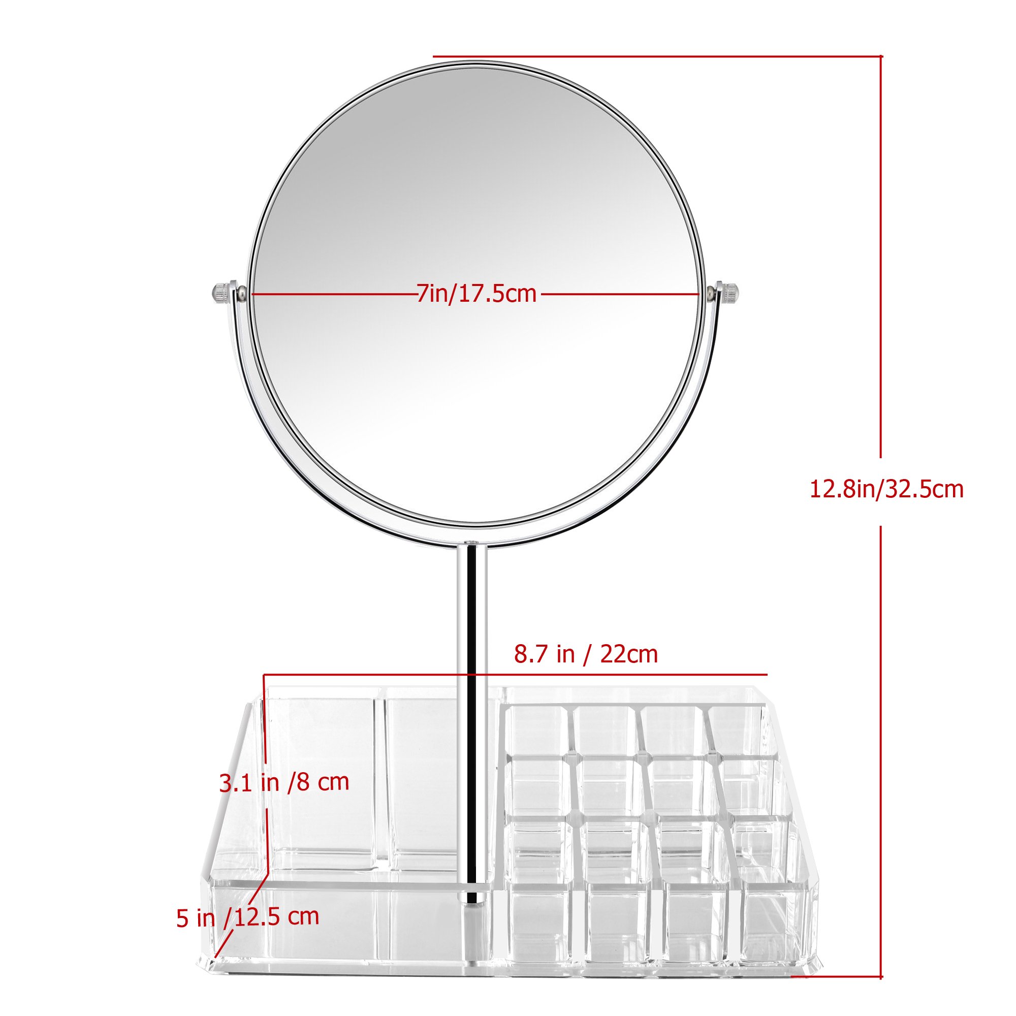 7 Inch Vanity Makeup Mirror with Makeup Organizer -1x/3X Magnifying Double-Sided Makeup Mirror-Polished Chrome