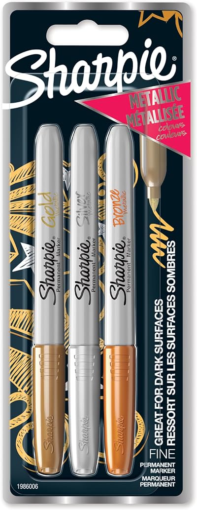 Sharpie Permanent Markers Fine Point Assorted Metallic 3 Pack