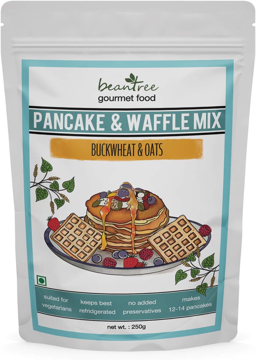 Beantree Pancake & Waffle Mix, Buckwheat and Oats Eggless - 250 Grams