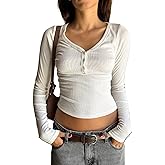 Women's Long Sleeve Henley T Shirts Ribbed Button Down Blouse Slim Fit Basic Tee Y2k Going Out Tops Fall Clothes