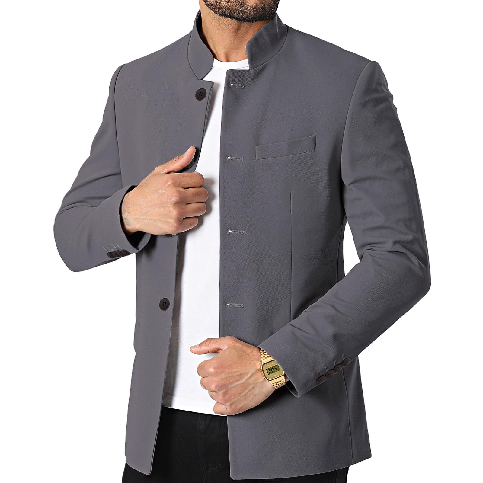 Photo 1 of THWEI Mens Casual Suit Blazer Jackets Stand Collar Business Sport Coats Grey L