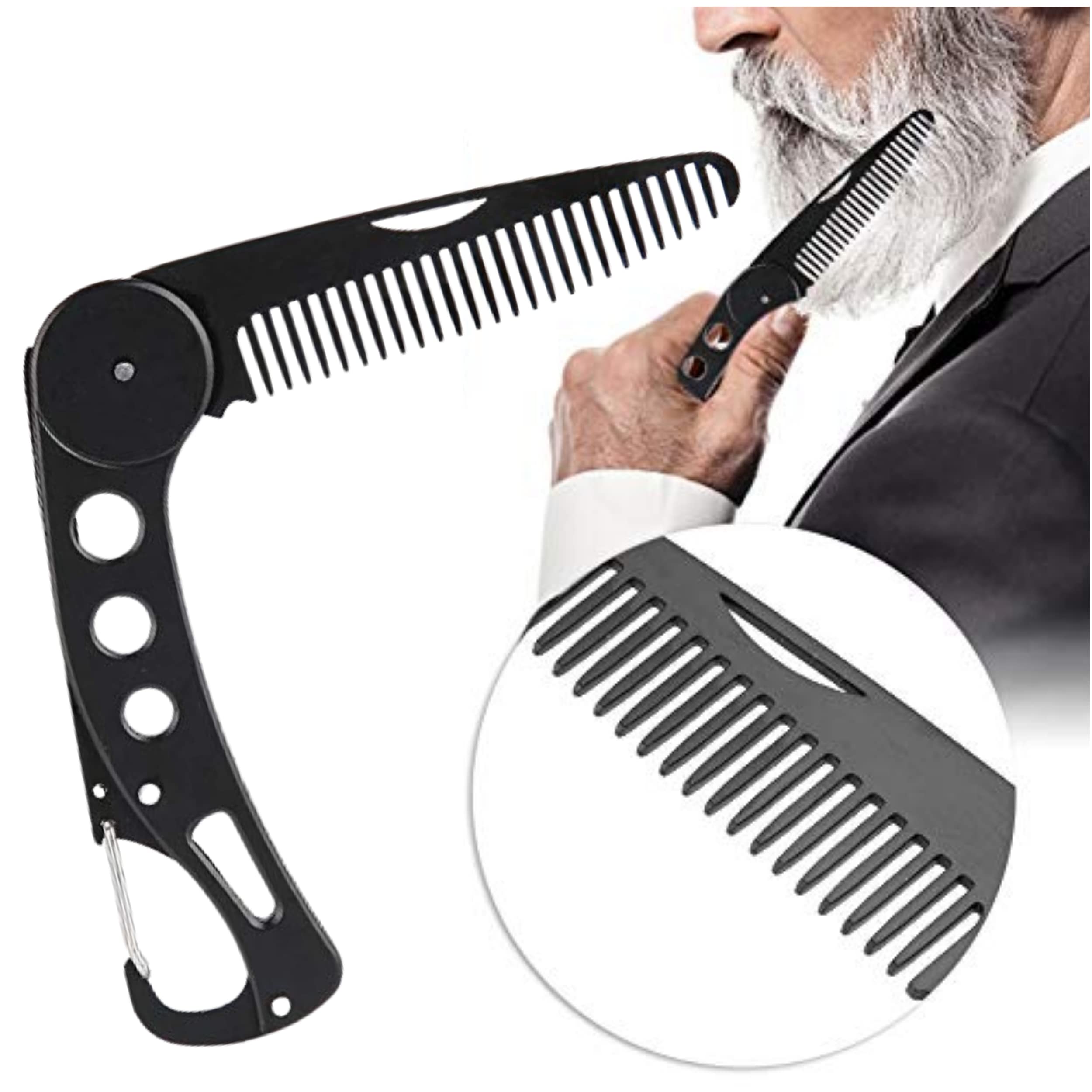 R-CUT Folding Beard Comb, Men's Women's Stainless Steel Portable Folding Combs Men's Pocket Moustache Beard Bottle Opener and Hanging Key Ring
