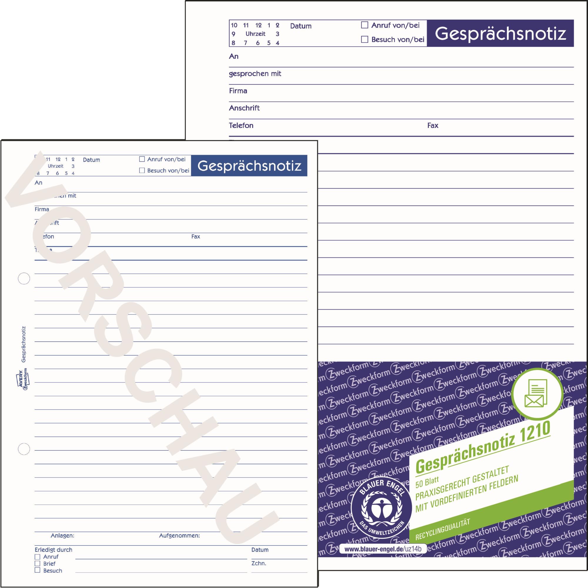 AVERY Zweckform 1210 Conversation Note (A5, Tear-Off Pad, Glued Top, 50 Sheets) White