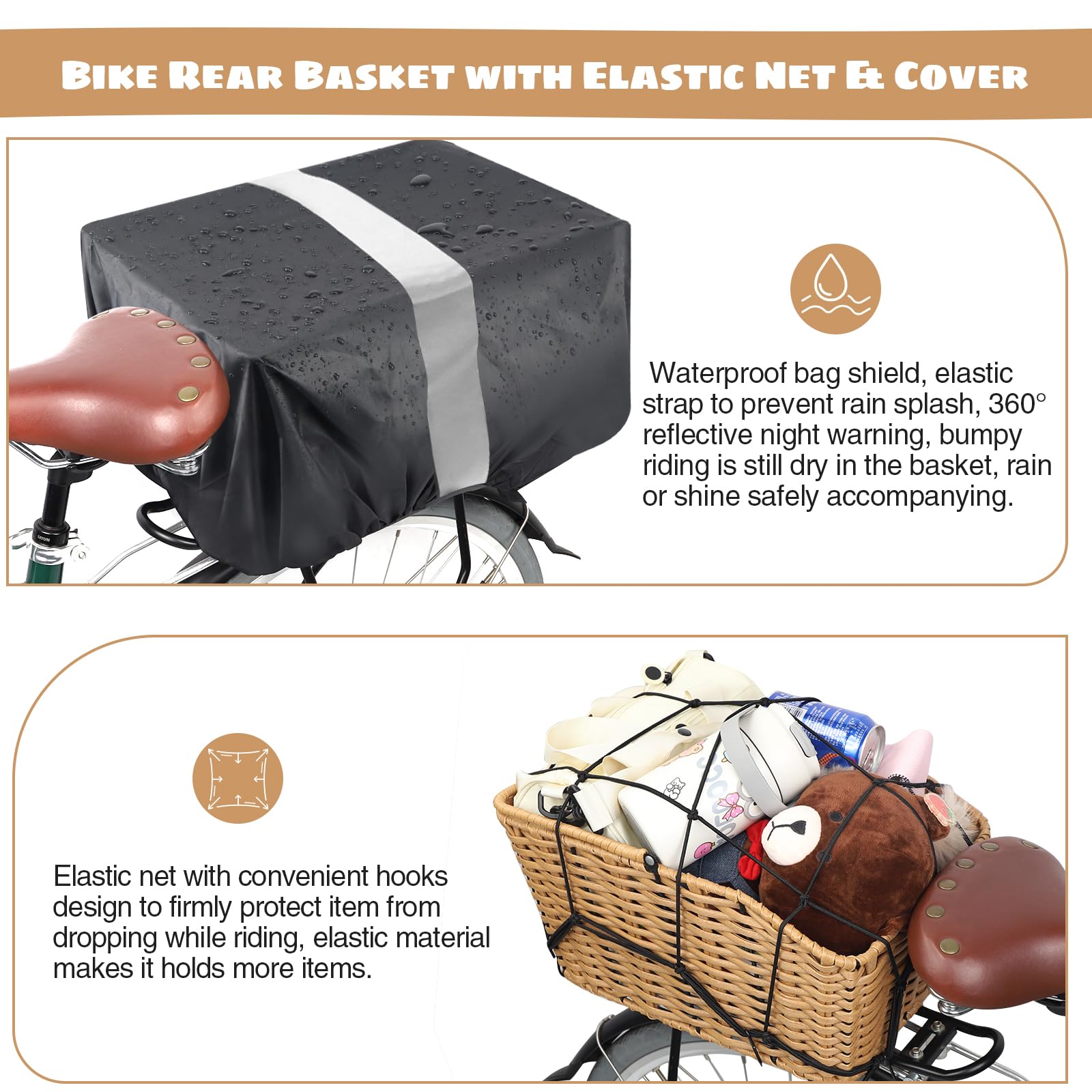 Condition photo showing New/Like New for meghna bike basket woven portable rear bicycle basket with protection net and bag detachable bike ra