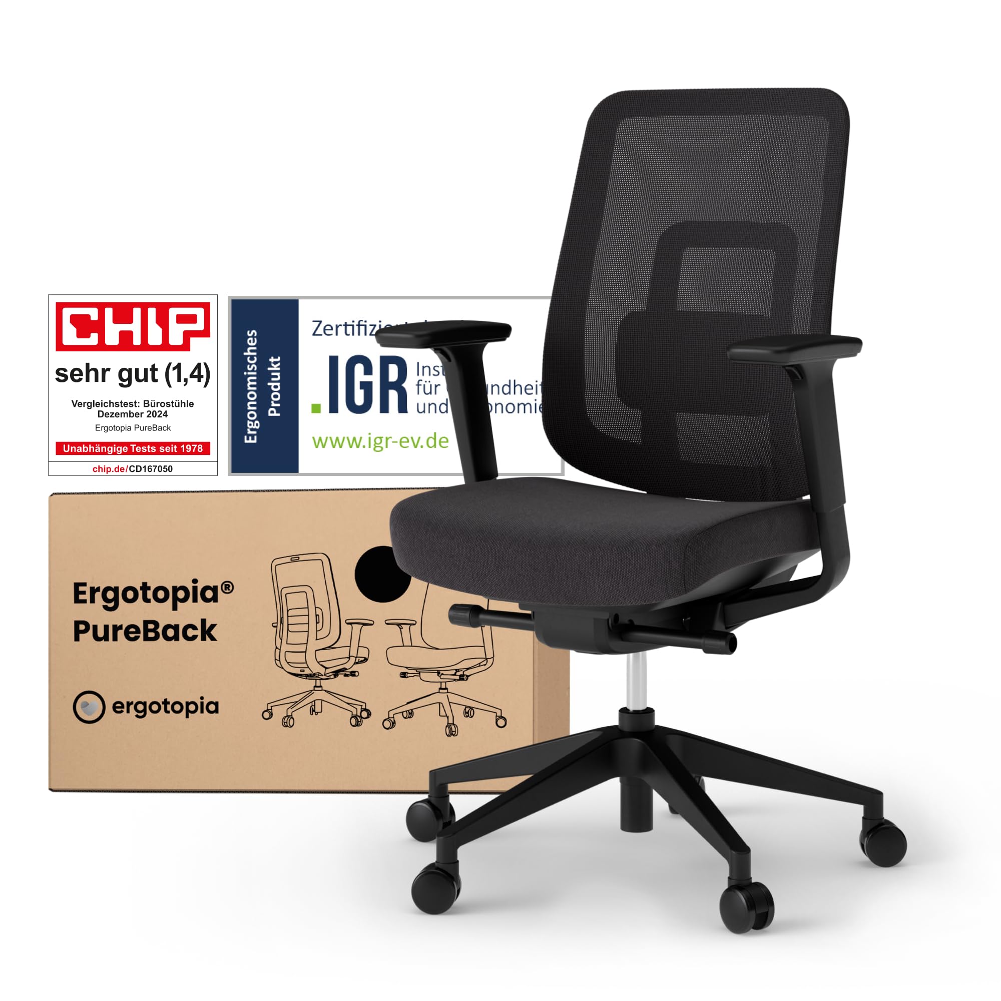 Ergotopia PureBack ergonomischer Bürostuhl – Schreibtischstuhl ergonomisch mit 4D-Armlehnen & Synchronmechanik – Bürostuhl ergonomisch Testsieger – Bequemer Büro Drehstuhl für gesundes Sitzen