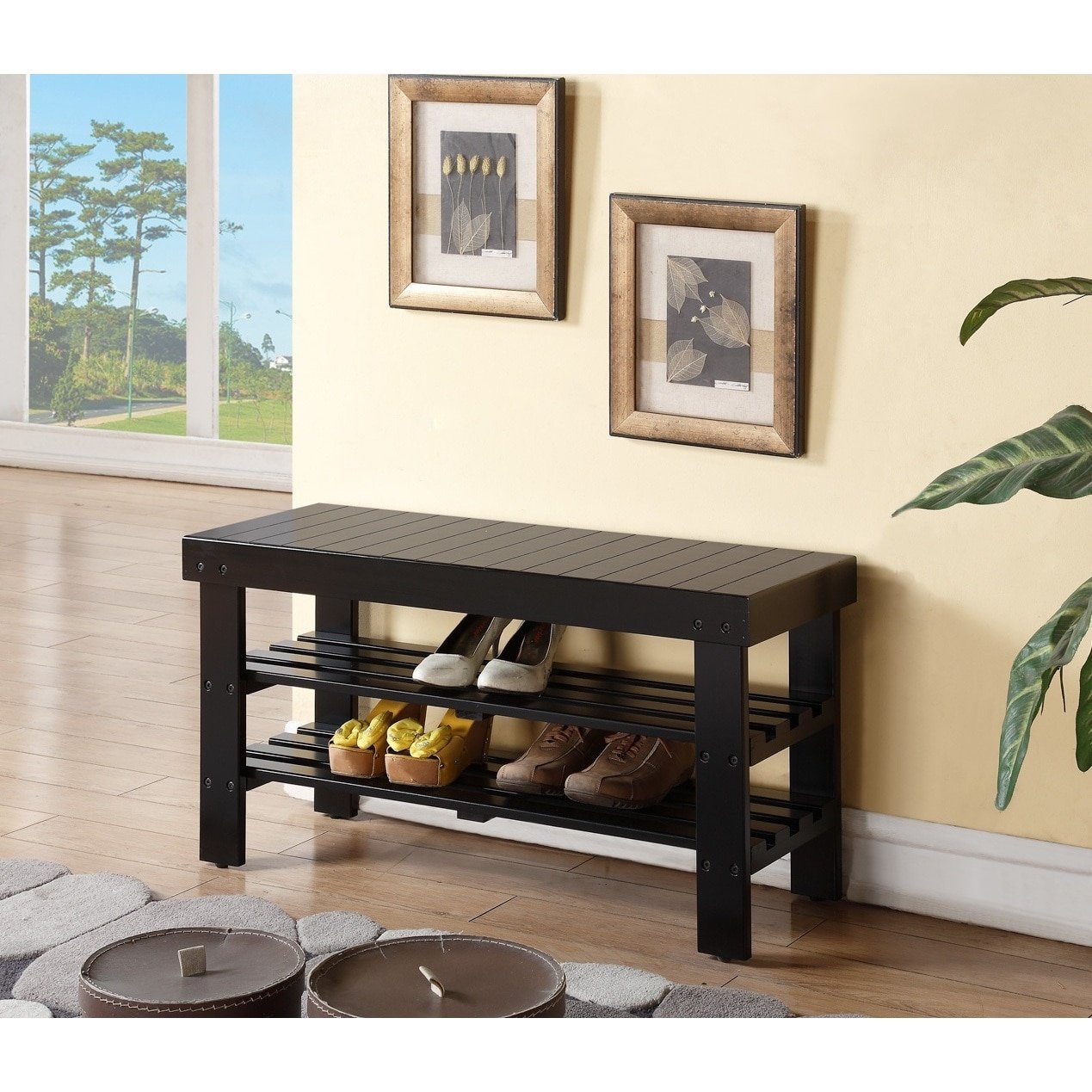 Black Finish Solid Wood Storage Shoe Bench Shelf by eHomeProducts Buy