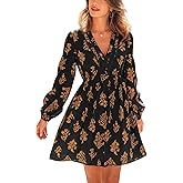 CUPSHE Women's Fall Dresses Floral V Neck Lace Cutout Long Sleeve Smocked A Line Mini Dress