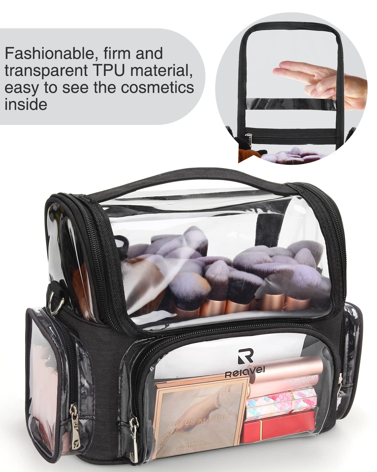 Makeup Brush Case, Large Makeup Brush Holder Professional Makeup Artist Travel Case Clear Waterproof Cosmetic Organizer Bag, Full Open Easy to Access, with Adjustable Strap and Dividers