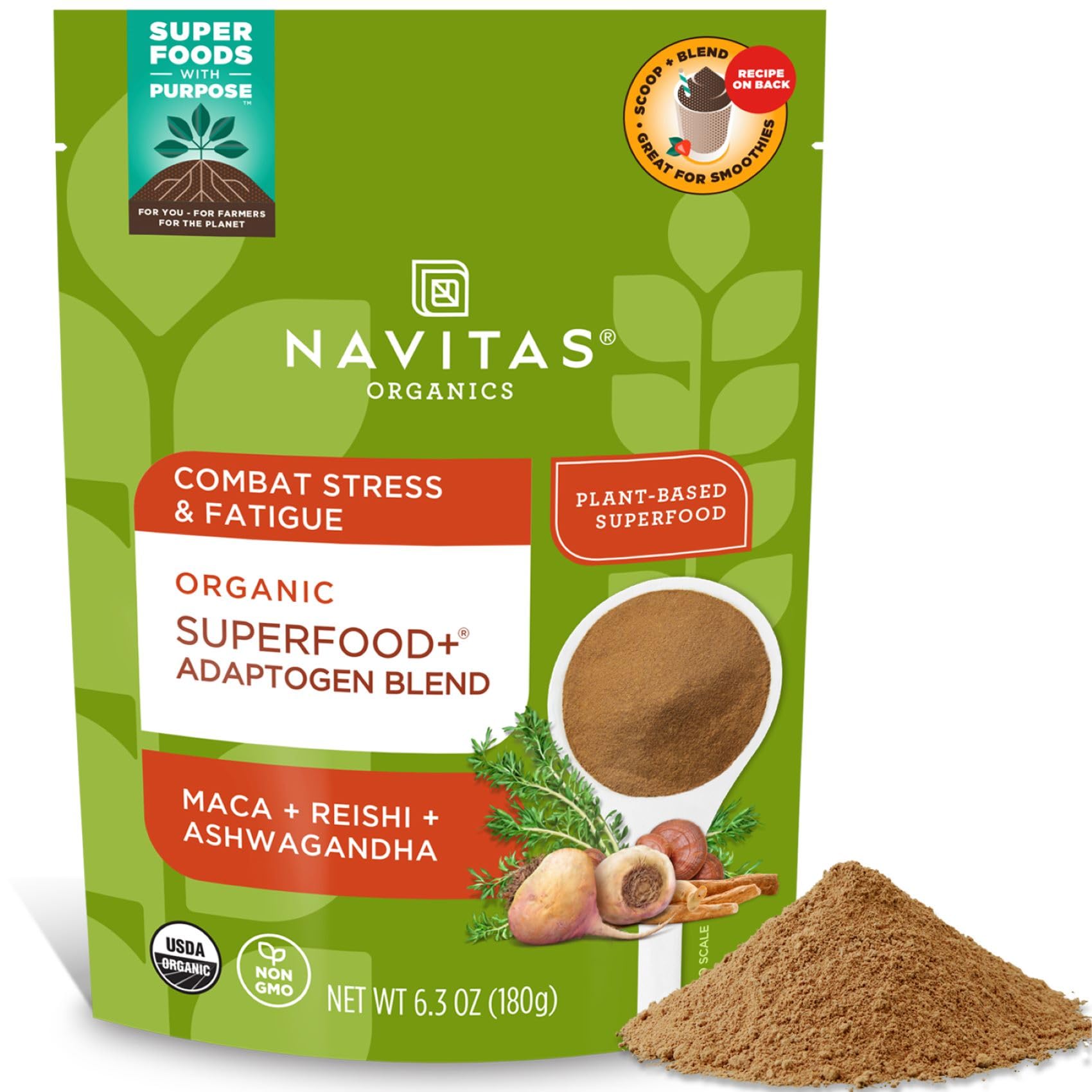 Navitas Organics Superfood+ Adaptogen Blend for Stress Support (Maca + Reishi + Ashwagandha), 6.3oz Bag, 30 Servings — Organic, Non-GMO, Vegan, Gluten-Free, Keto & Paleo.