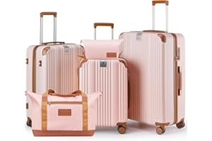 CASELLY Luggage Set 3 Piece Luggage with PC+ABS Hardshell TSA Lock Spinner Wheels Carry on Lightweight Suitcase,Cup Holder,YKK Zippers (Pink, 5 piece sets(20/24/28/DB/TB))