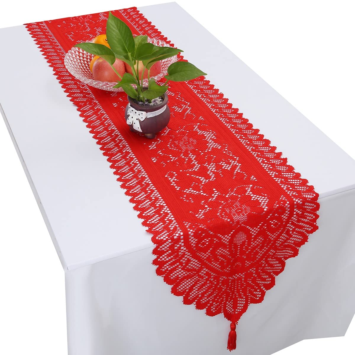 KYEYGWO Hollow Lace Table Runners Elegant Mesh Tablecloth Vintage Macrame Table Cover with Tassels for Rustic Boho Wedding Reception Decoration Bridal Showers, 70'' x 13'' Red