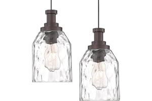 zeyu Modern Pendant Lights Kitchen Island 2 Pack, 1-Light Hanging Pendant Lighting for Dining Room, Water Ripple Glass Shade, Oil Rubbed Bronze Finish, ZG33M1L-2L ORB-WG