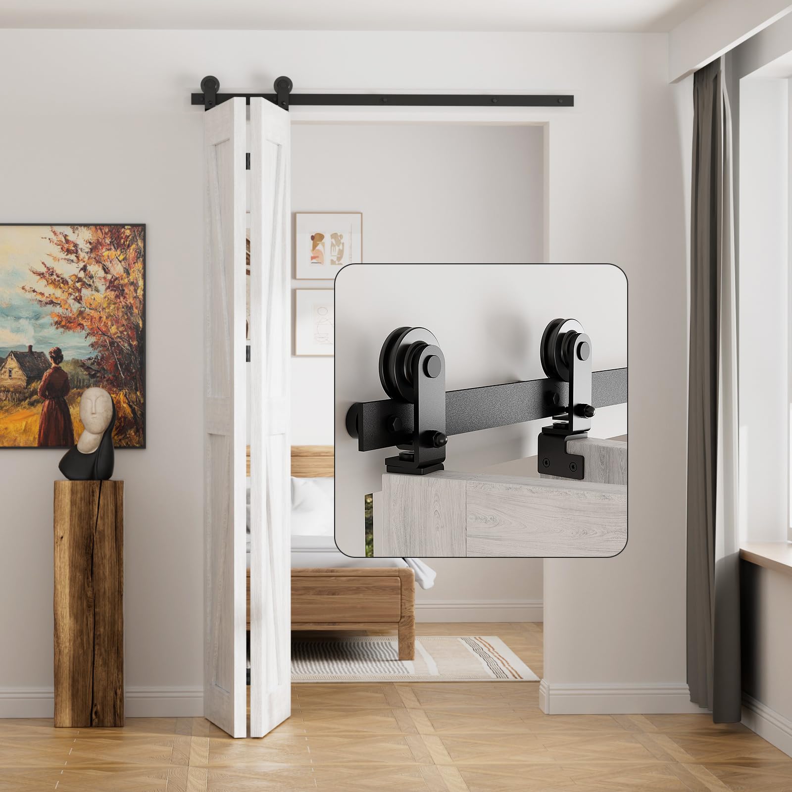 122 cm / 4 ft Bifold Sliding Door Fitting Sliding Door System Complete Set Runner Rail Wheels Set Black for 2 Wooden Doors 58 cm Top Mount T Wheel