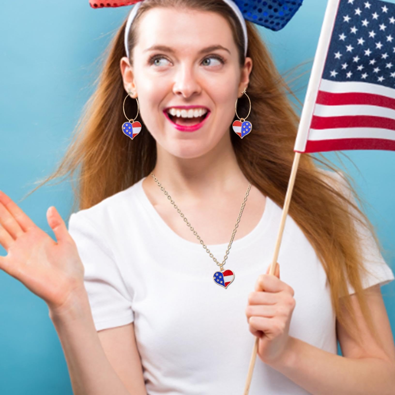 Red White Blue Patriotic Flag Necklace Earrings for Women 4th of July American Flag Pendant Necklace Independence Day Drop Dangle Earring Patriotic Jewelry Set Earrings Set Jewelry Gift