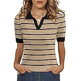 LOMON Womens Puff Short Sleeve Polo Sweater V Neck Knitted Tops Casual Ribbed Shirt Pullover Blouse
