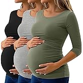 Ficerd 3 Pack Women's Maternity Tops 3/4 Sleeve Round Neck Side Ruched Tunic Pregnancy Shirts Clothes