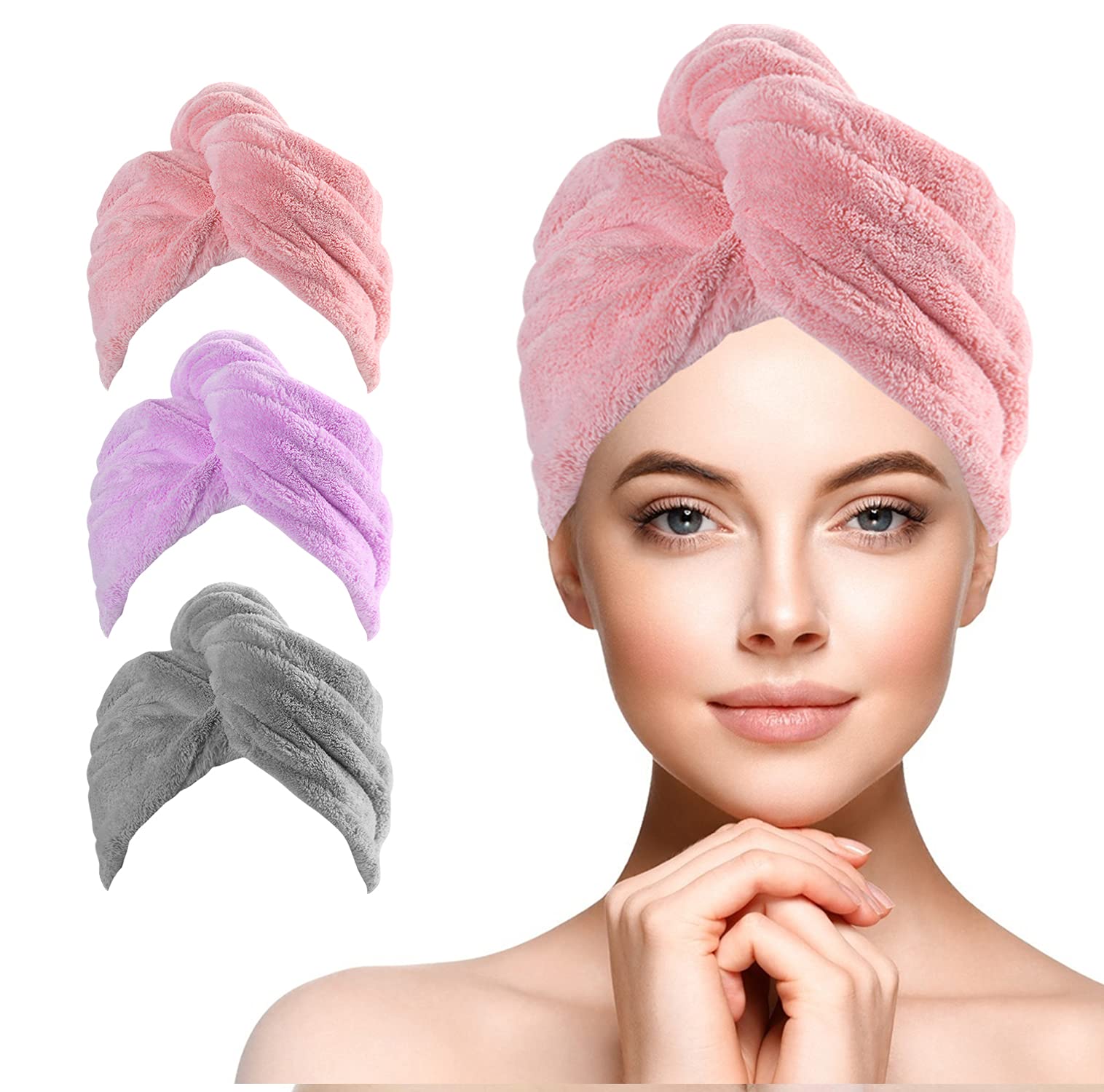 URAQT Hair Drying Towels Wrap, 3 Pack Hair Dry Cap with Buttons, Soft Microfiber Hair Turban Towel, Super Absorbent Anti Frizz Dry Hair Hat Fast Dry Head Wrap Towels for Women and Girls
