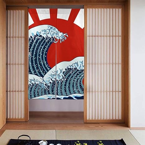 Amazon のれん カーテン ベクトルイラスト 東洋の波 嵐の写真 伝統的なアジアの芸術 柔らかい おしゃれ 玄関 キッチン リビング 台所 飲食店 出入り口 開店祝い 新築祝い 仕切り 遮光 暖簾 カーテン 幅86丈143cm のれん オンライン通販