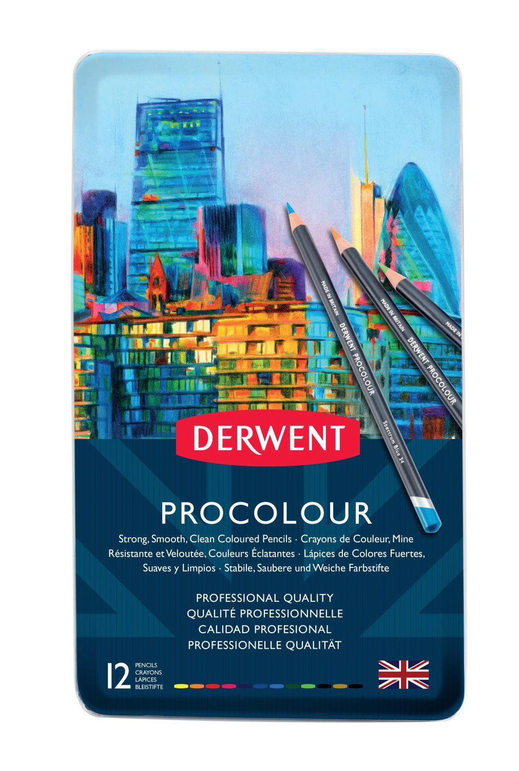 Derwent Procolour Pencils Set Of 12 In Tin, 4mm Round Core, Premium Core Strength, Smooth Texture, Ideal For Fine Art Drawing & Colouring, Professional Quality, 2302505