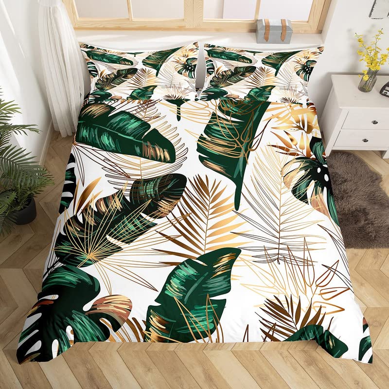 Homemissing Tropical Leaves Bedding Set Golden Green Leaf Branches Duvet Cover for Kids Botanical Leaf Pattern Comforter Cover Summer Bedspread Cover Quilt Cover 3Pcs Double Size