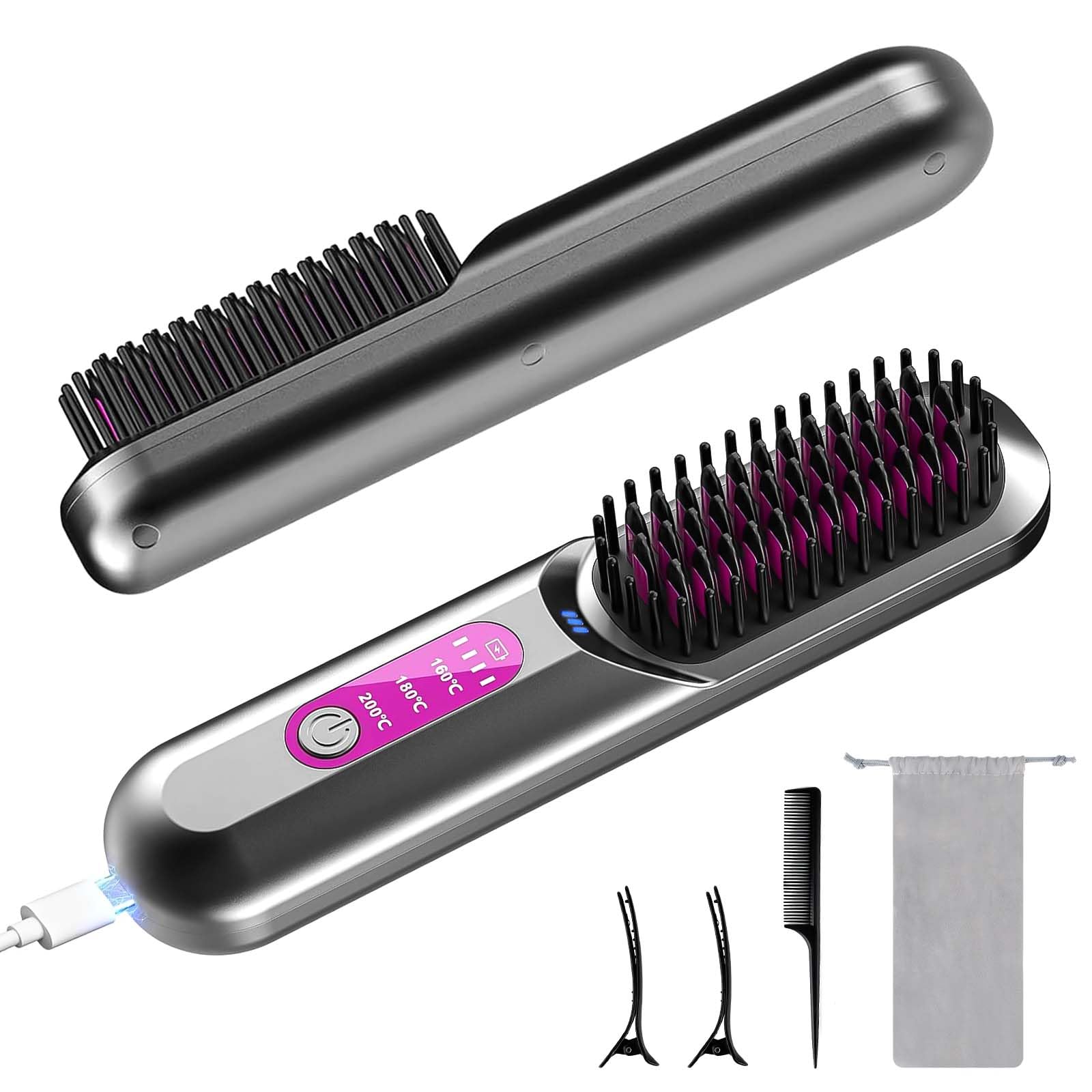 Cordless Hair Straighteners Ionic Hair Straightener Brush,Portable Mini Hair Straightener Brush for Travel Fast Heating and Adjustable Temperature, Women Gifts