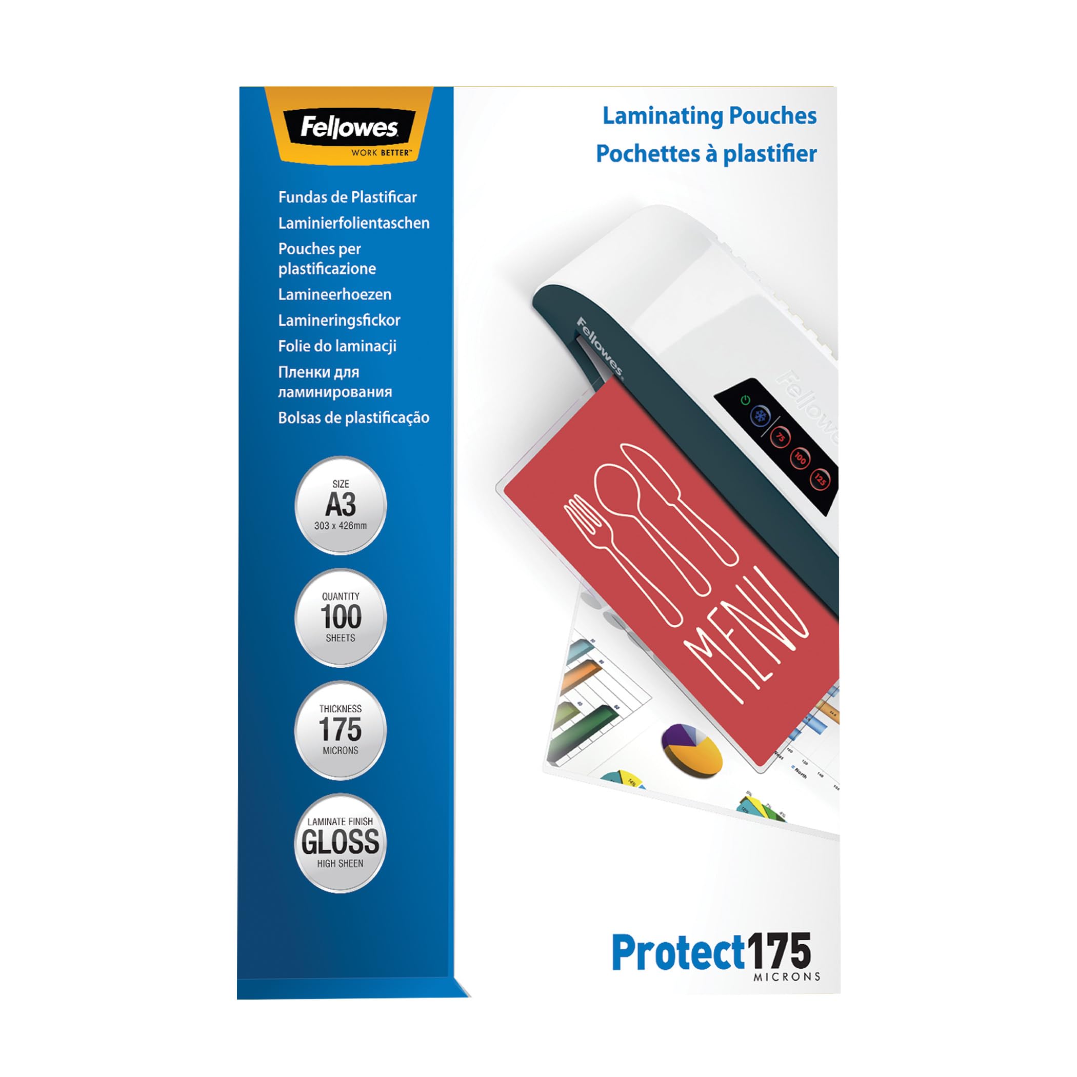 Fellowes A3 Laminating Pouches - Glossy Finish - 100 Sheets, 350 Micron (2 x 175 Micron) Premium - Ideal for Notices, Photos, Creatives, Certificates, Menus and Everyday Use