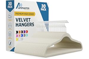 Lifemaster Velvet Non-Slip Hangers - 30 Pieces Non-slip Coat Hanger Set with 360° Swivel Hook, Space-Saving, Sleek Design, Keep Closet Organized, Smooth Velvet Finish, Lightweight Construction - Ivory
