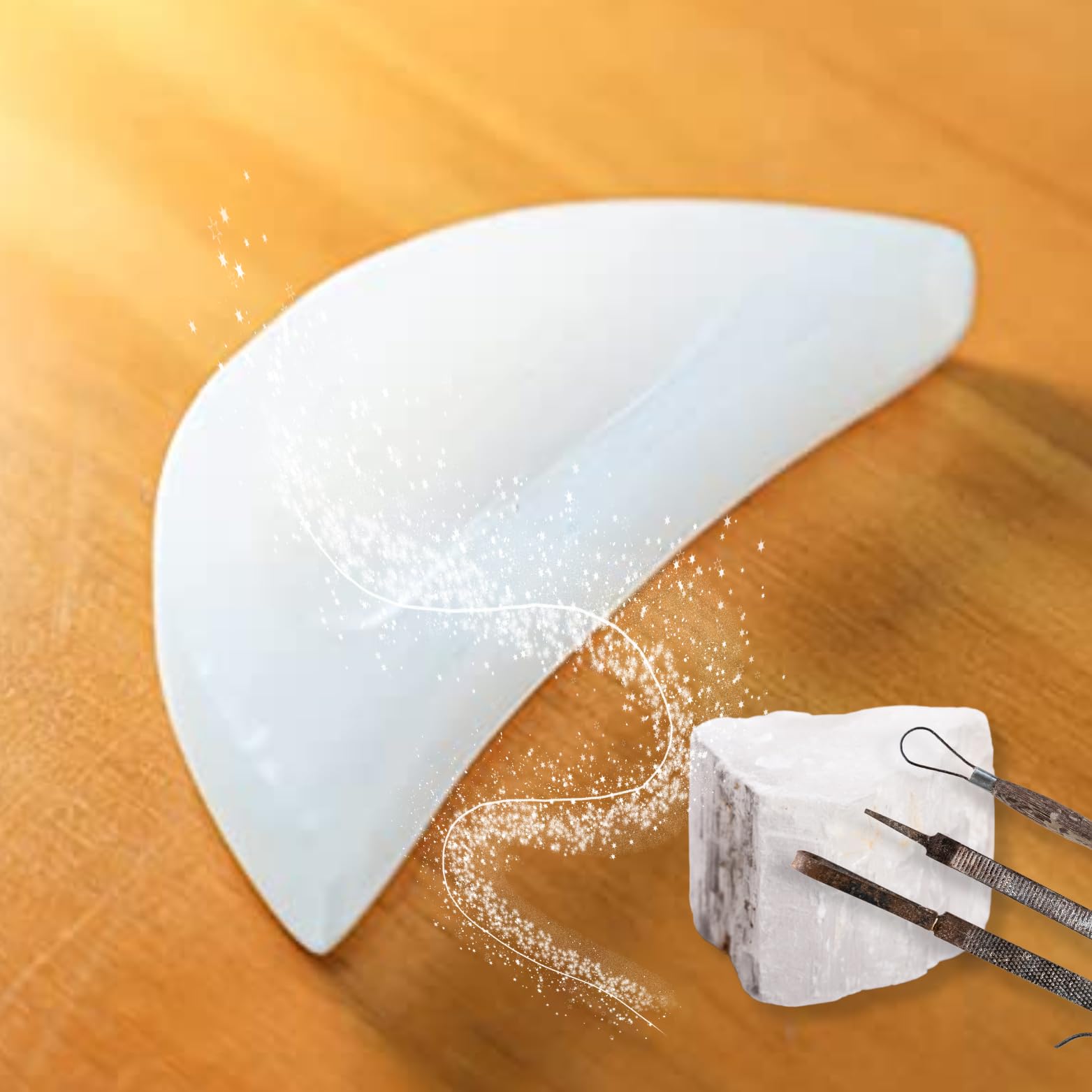 HALUKAKAH Selenite Bowl from Moroccan - Portable Moon-Shaped Mini Plate 9cm for Charging and Cleansing Crystals & Stones on The Go