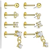 Lsnevsie 18K Gold Plated 20G 18G 16G Threadless Flat Back Earrings Studs Surgical Stainless Steel Push In Nose Rings Studs Tragus Forward Helix Conch Cartilage Earrings Piercing Jewelry For Women Men
