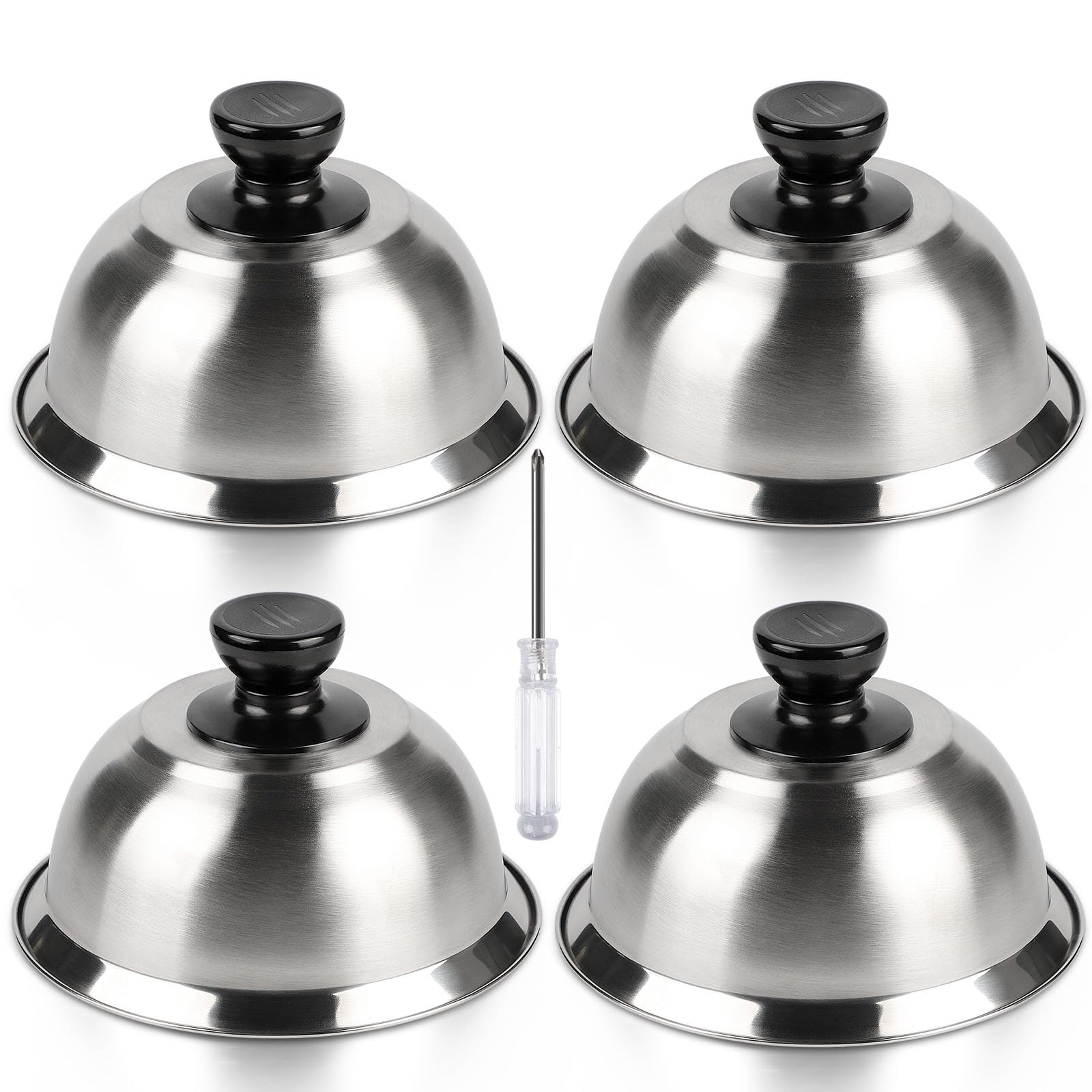 CPROSP Stainless Steel Burger Bells Set of 4 Enamel & Heat Bell Stainless Steel for Cheeseburger Making, Burger Cover with 1 Mini Screwdriver, 16 x 9 cm