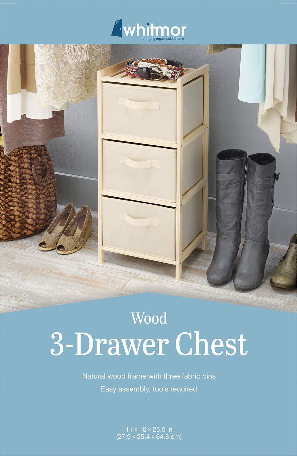 Whitmor 3 Drawer Wood Chest - Compact Design - Pull Out Fabric Bins - Natural Pine: Home & Kitchen