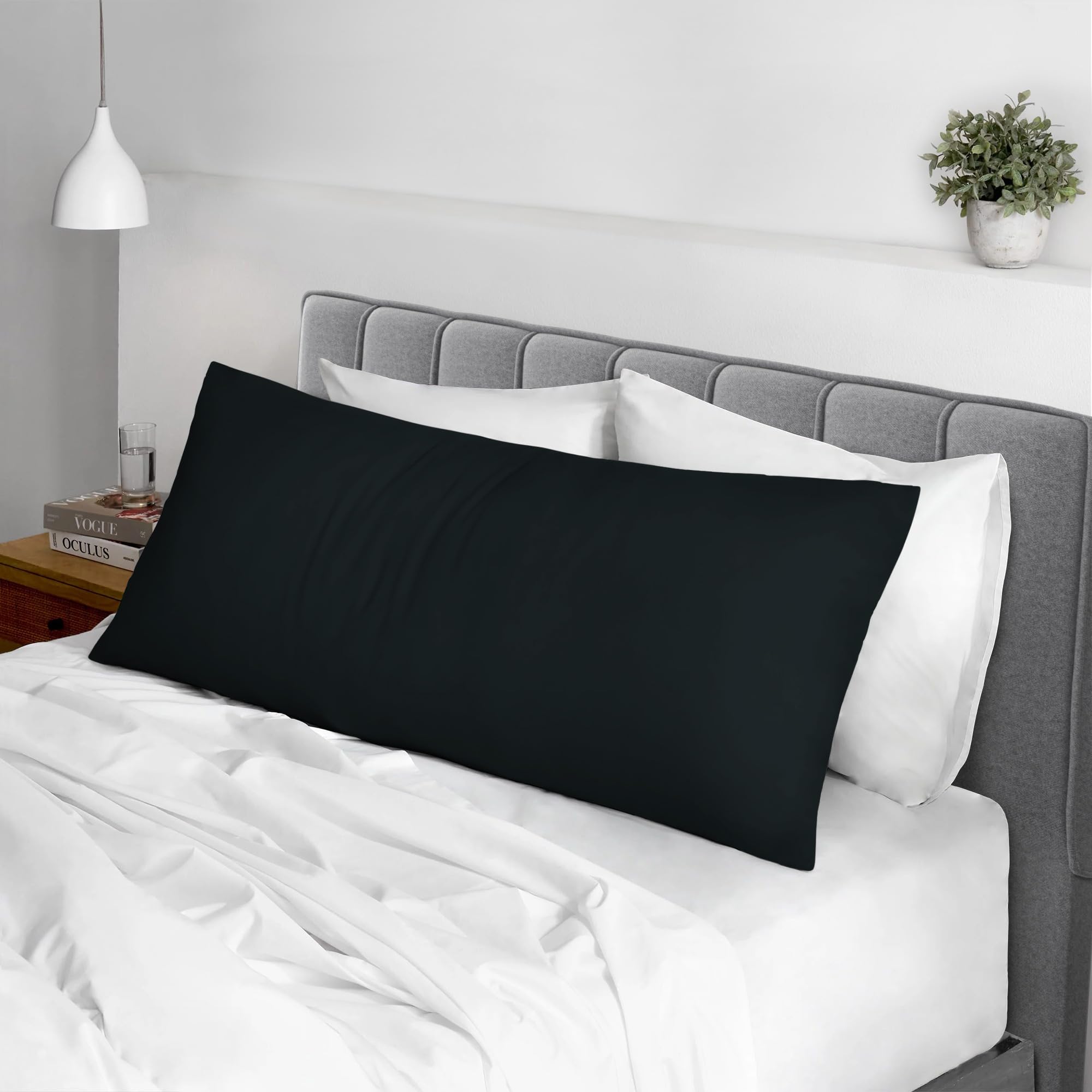 Pizuna Cotton Black Body Pillow Cover 1 Piece Only, 400 Thread Count 100% Long Staple Cotton Body Pillow Case 52x140 cm, Sateen Body Pillowcase (Cotton Pillow Cases for Body Pillows)