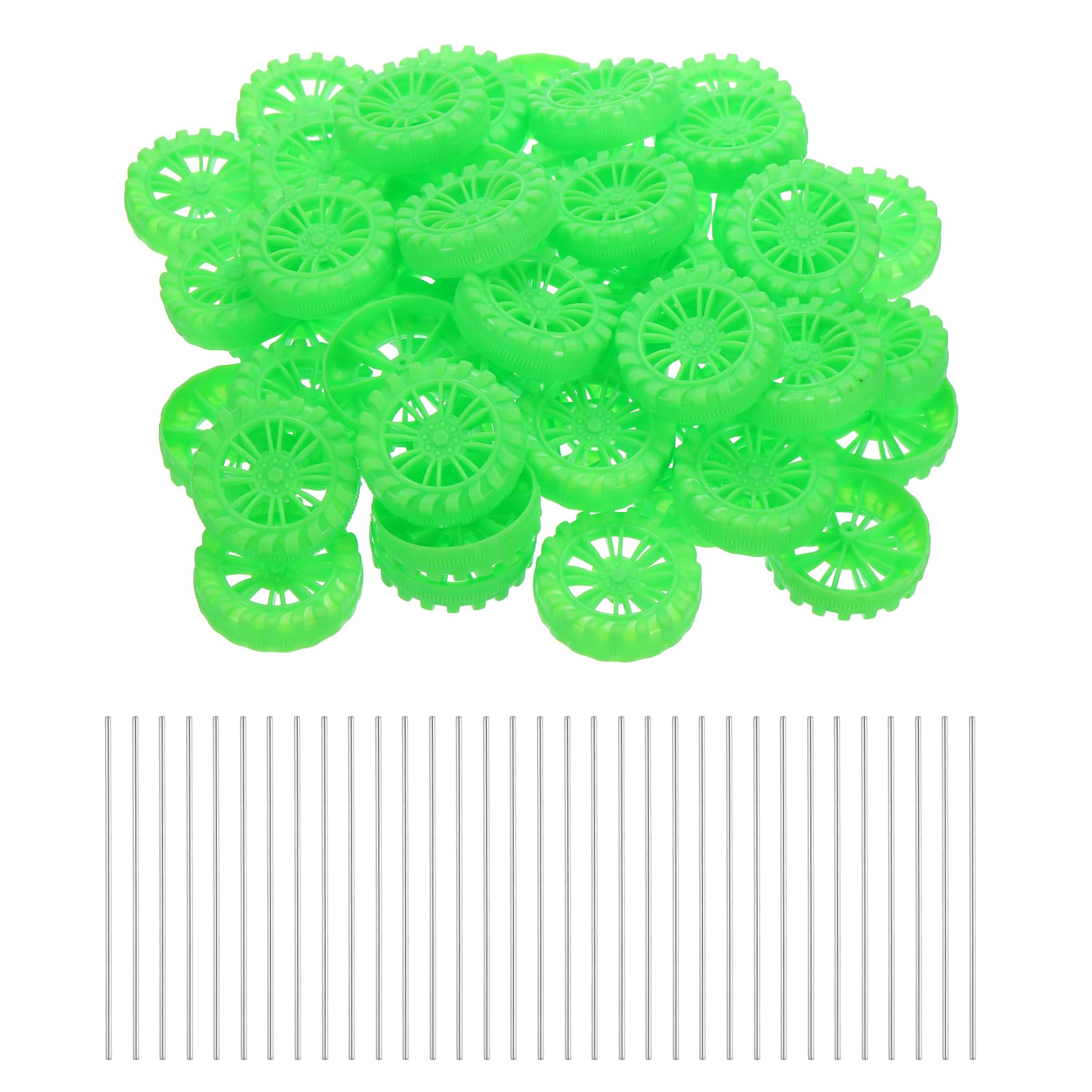 sourcing map 100pcs Toy Car Wheels, 45mmx12mm Plastic Roll and 2mmx100mm Shaft Round Rod Axles for DIY RC Car Truck Boat Helicopter Model Part, Green