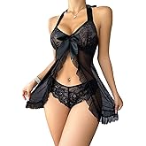 Foxiny Sexy Halter Open Front Ruffle Sheer Mesh Lace Babydoll Lingerie Dress with Thong 2 Piece