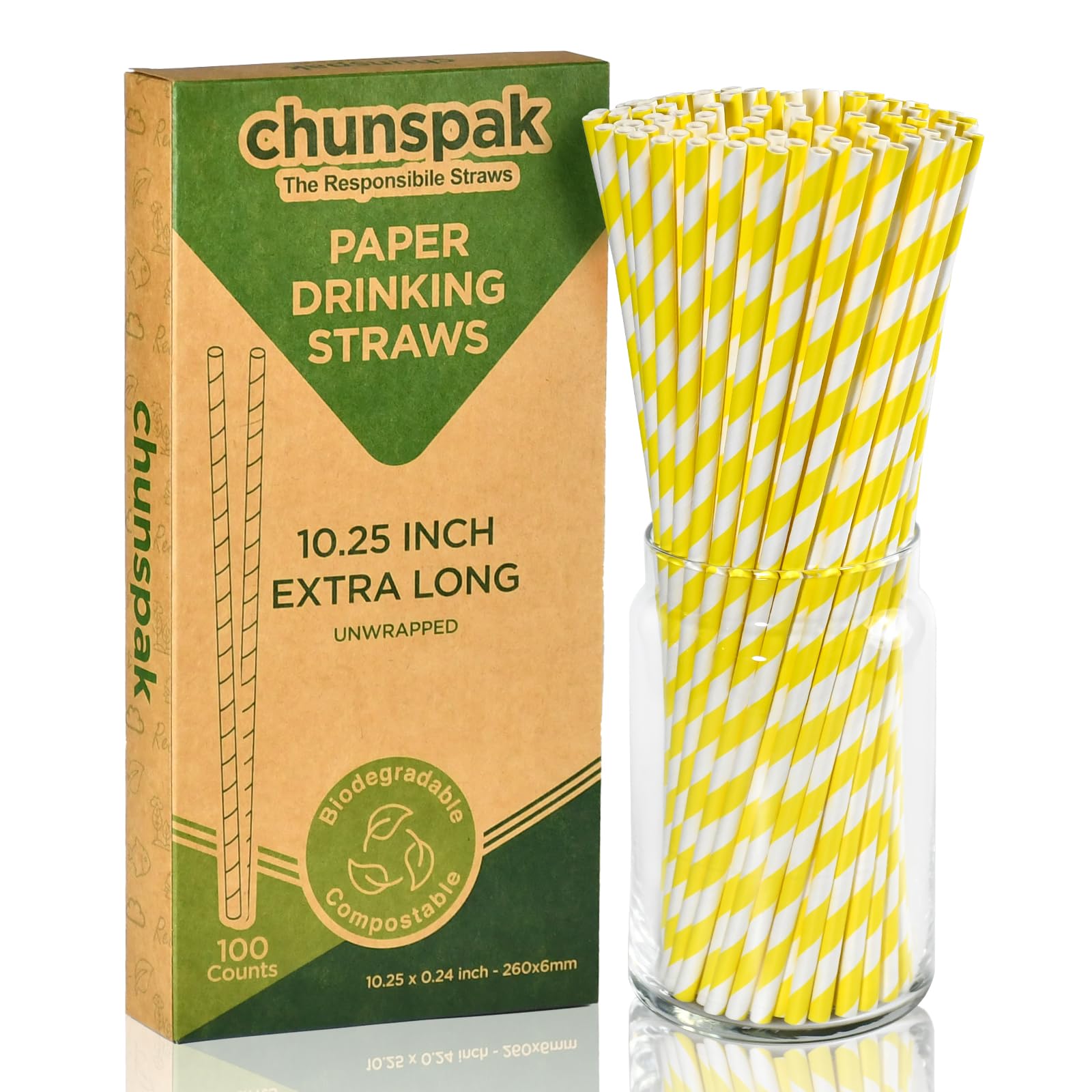 Yellow White Striped Disposable Paper Straws - 26 x 0.6 cm, Pack of 100, for Lemonade, Juice, Large Bottles - 100% Biodegradable