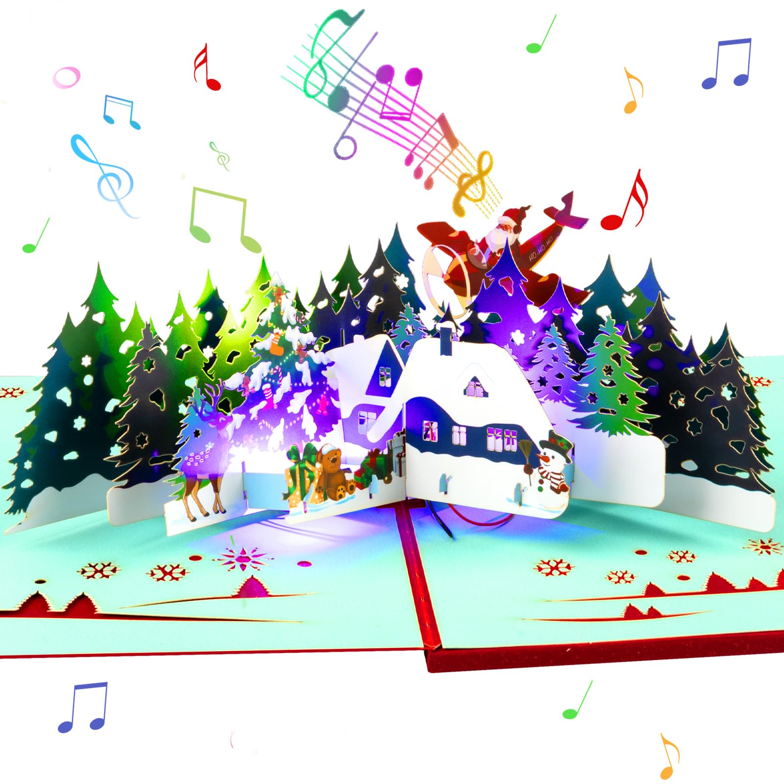Merry Christmas 3D Pop Up Musical Greeting Card with Lights for Kids – Interactive Winter Wonderland Scene with Santa, Reindeer, Snow Cabin, Christmas Trees – Holiday Card with Envelope & Blank Note