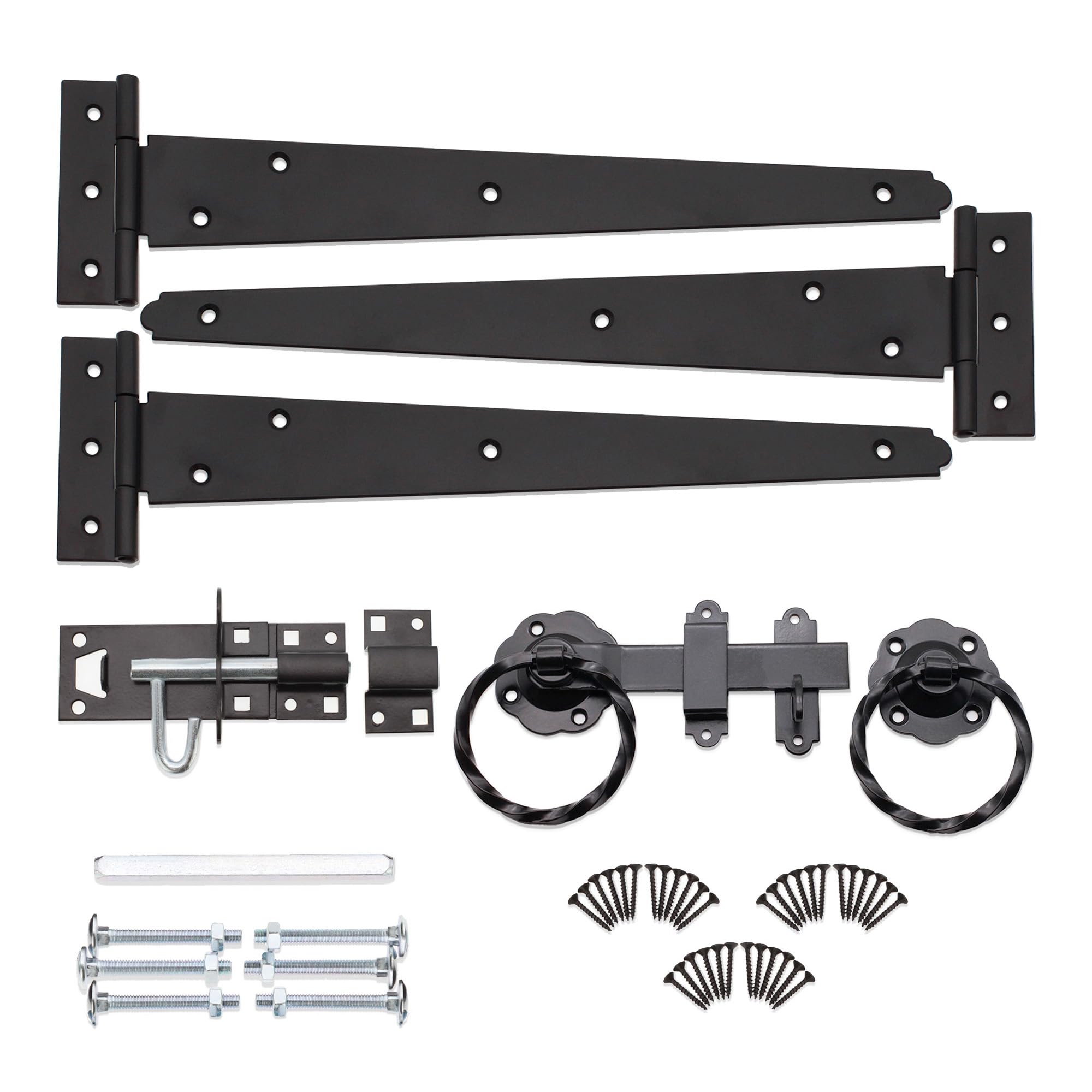 Infinity Decor Heavy Duty 12” Tee Hinges (3) Twisted Ring Gate Latch, Brenton Bolt Pack Epoxy Black Garden Gate Hanging Kit - for Wooden Barn, Shed Doors