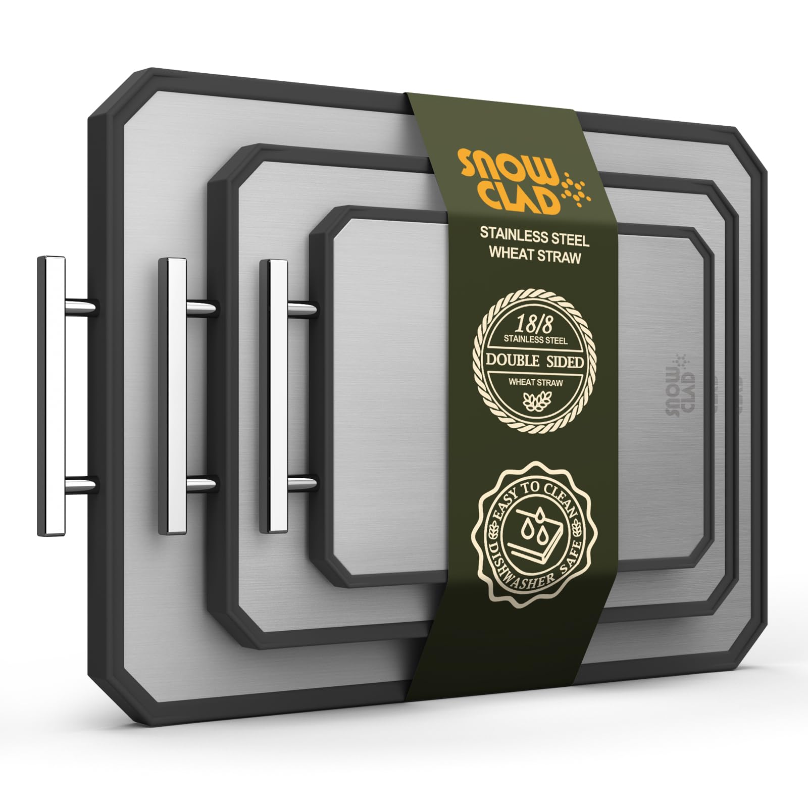 EXTRA LARGE Cutting Board,Double Sided Stainless Steel Cutting Boards Set for kitchen,Stainless Steel/Wheat straw pp Cutting Board for meat,Dishwasher Safe [20 * 13.8+16 * 11+12 * 8.3 Inch] Image