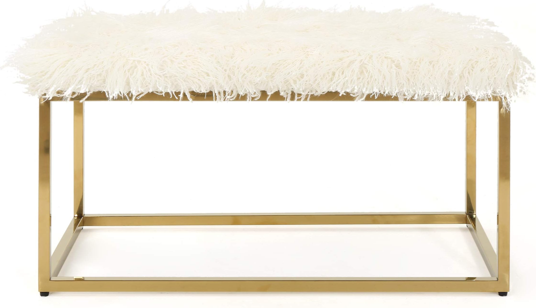 Christopher Knight Home Mallory Fauc Furry Long Fur Ottoman with Stainless Steel Frame, White / Steel Golden