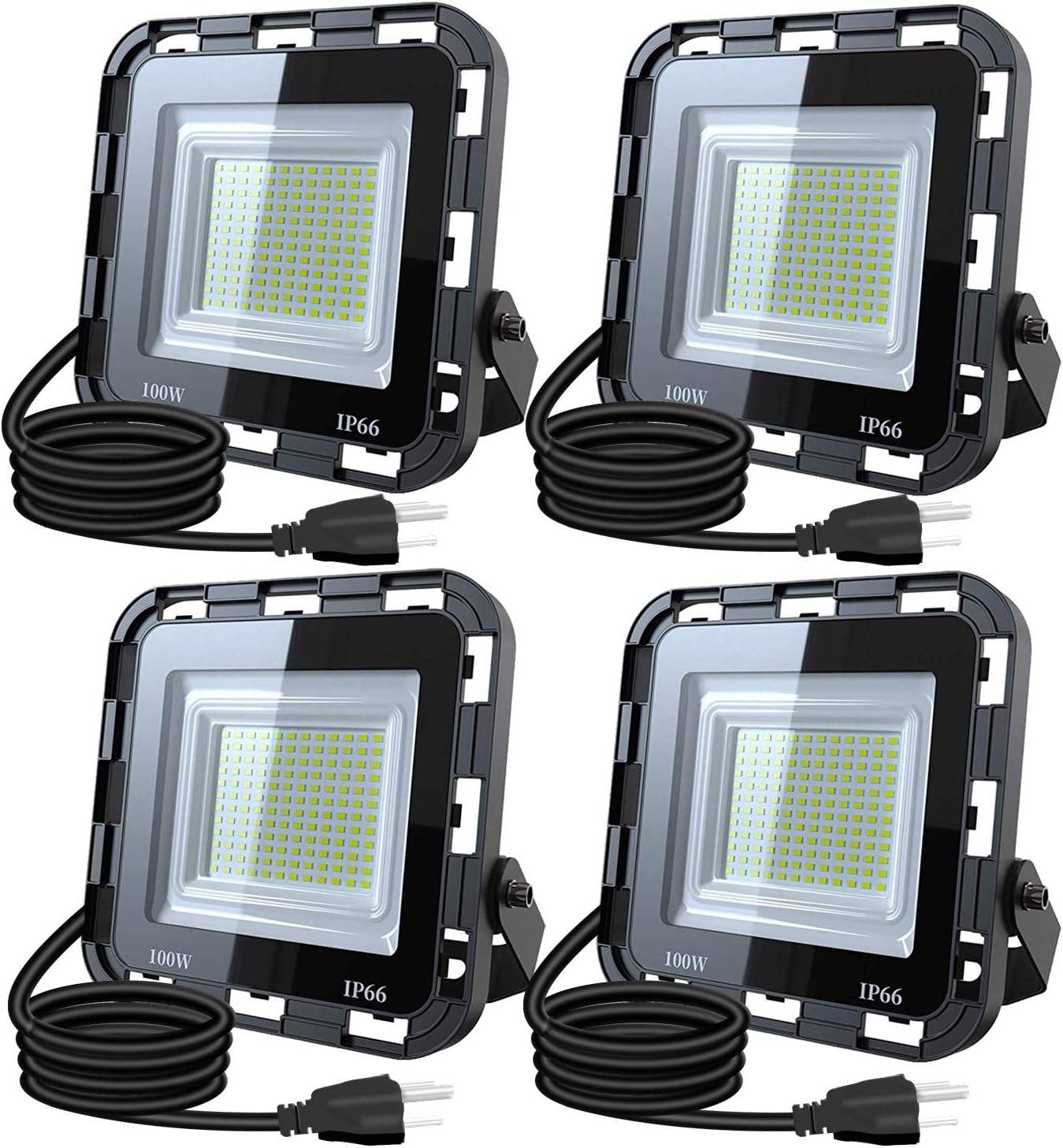 OVAC 4 Pack 100W LED Flood Light Outdoor, 10000LM Super Bright Work Light with Plug, 6500K Daylight White, IP66 Waterproof Outdoor Floodlights for Yard, Garden, Playground, Garage