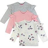 HonestBaby Baby-Girls 3-Pack Flutter Shoulder Long Sleeve Top 100% Organic Cotton for Toddler, Baby Girls
