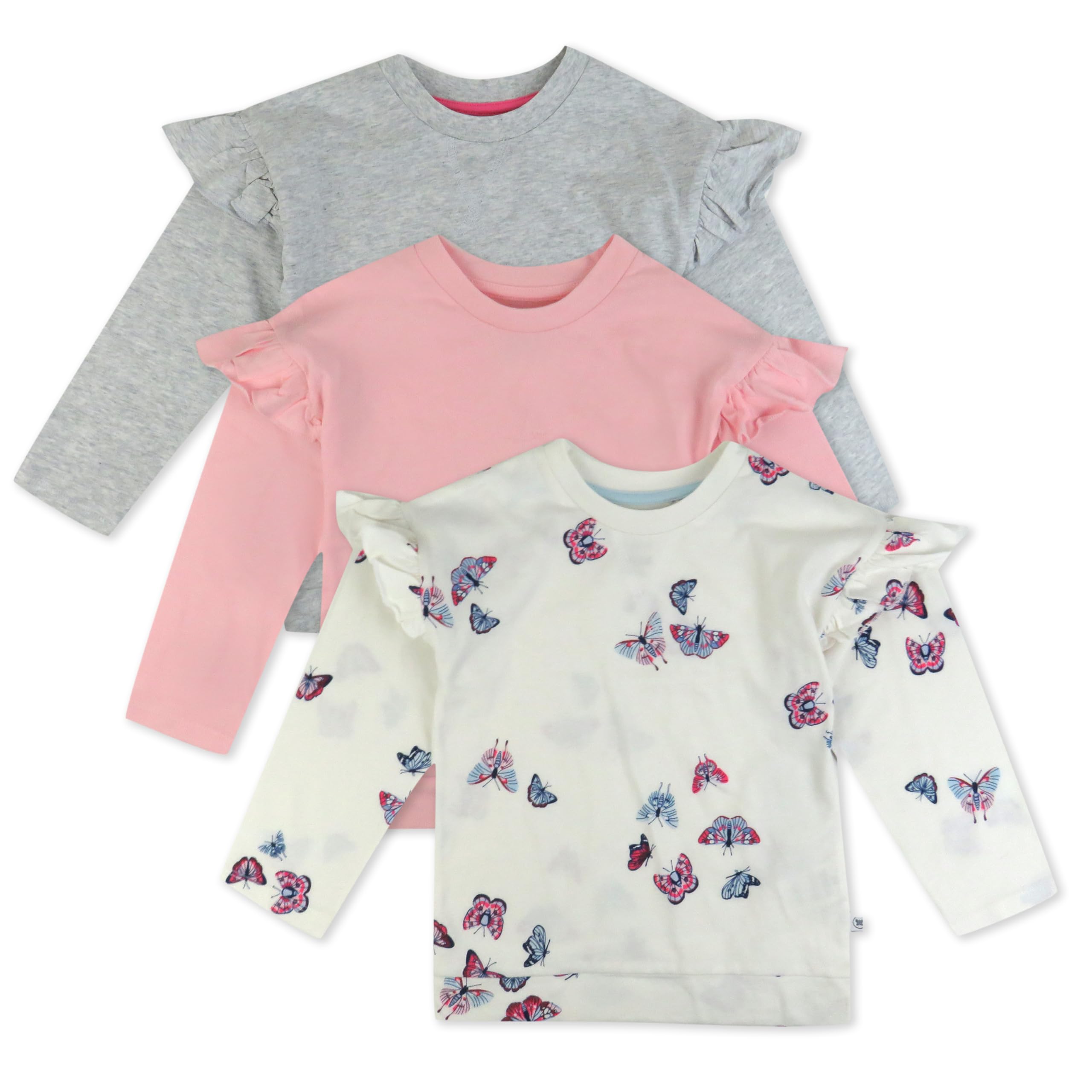 Photo 1 of HonestBaby 3-Pack Flutter Shoulder Long Sleeve Top 100% Organic Cotton for Toddler, Baby Girls, Flying Butterfly Ivory, 3T