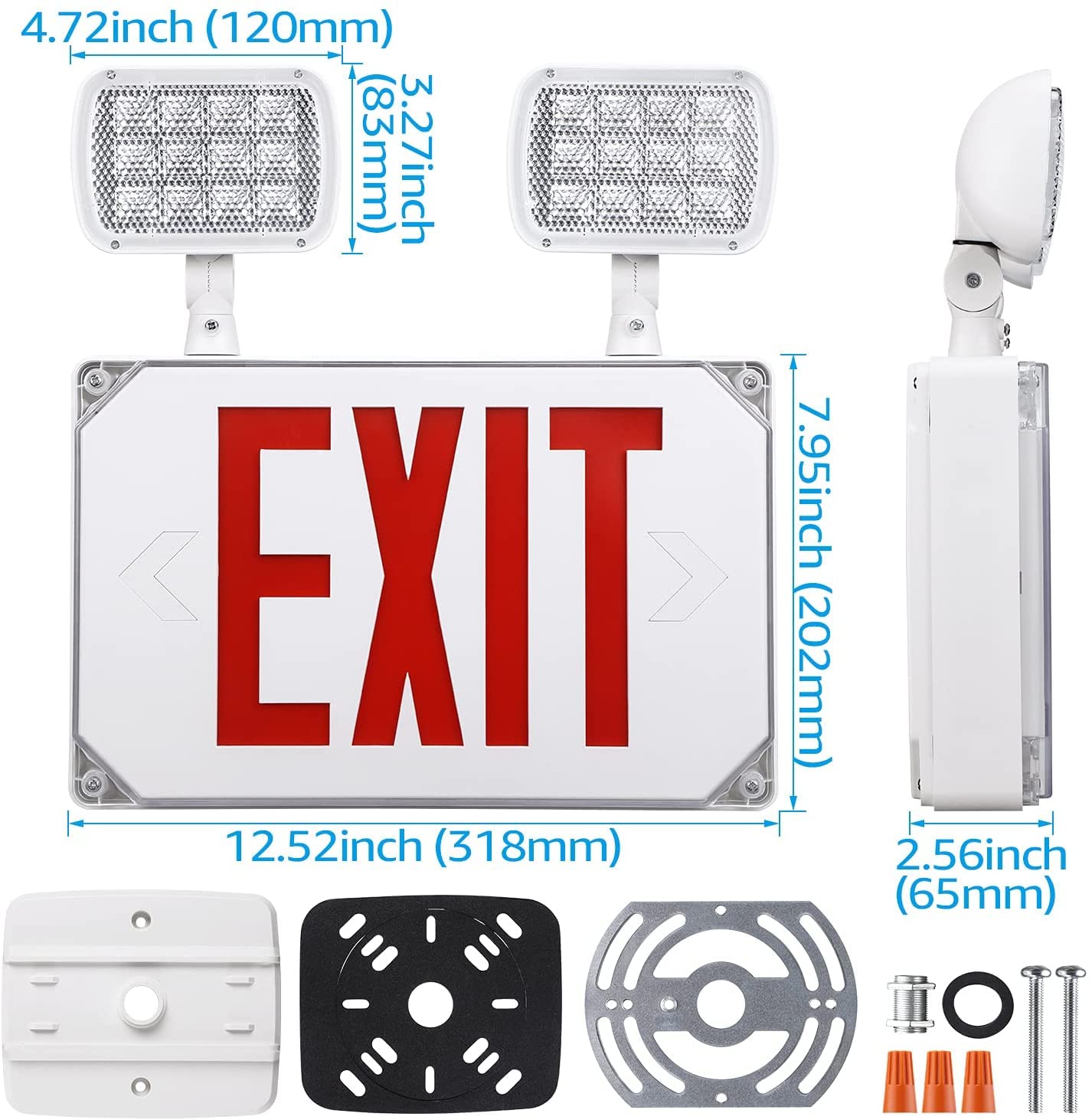 LEONLITE LED Exit Light, Wet Location Exit Sign with Emergency Lights, UL Listed, Outdoor Hardwired Red Letter Exit Sign with Battery Backup, 2 Dual Heads, Double Face, AC 120/277V, White
